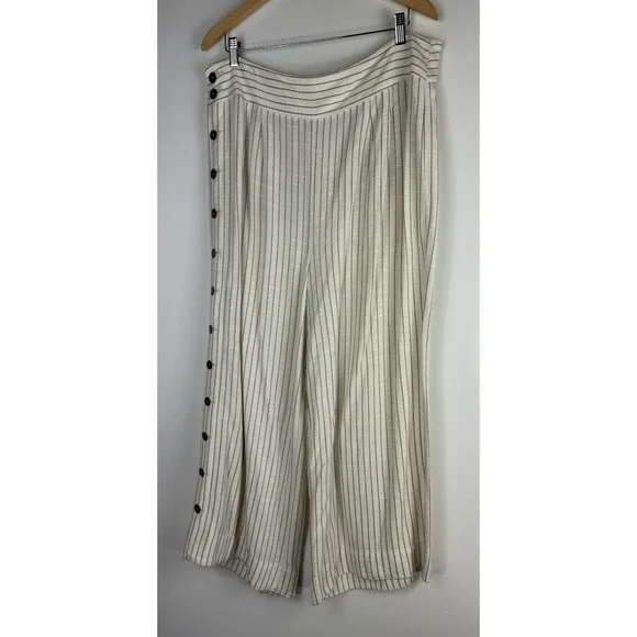 by Anthropologie Buttoned Wide Leg Pants Cream Stripe High Rise Ankle US Size 14 - Picture 2 of 13